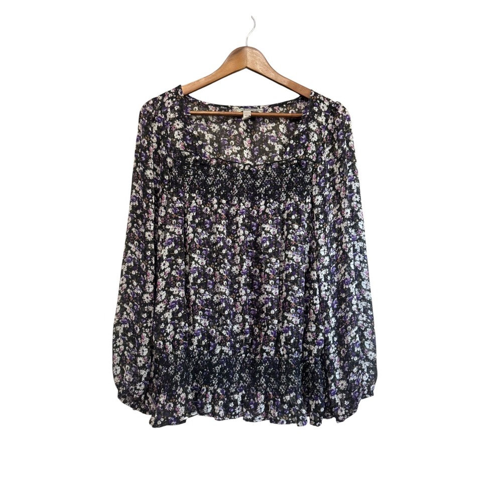 American Rag Floral Blouse Womens L Purple Black Excellent Smocked Boho Peasant